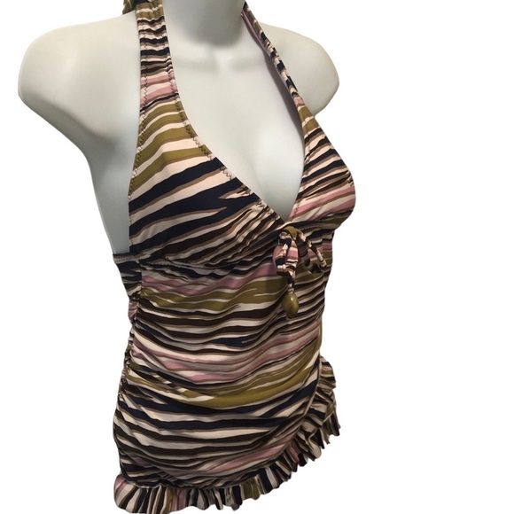 Becca By Rebecca Virtue Striped Halter Style Ruffle Skirt 1PC Swimsuit Sz. M - Picture 3 of 9